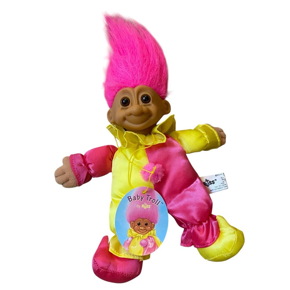 NWT RARE 1980s Vintage Russ Berrie Baby Troll Doll Jester Pink and Yellow Clown